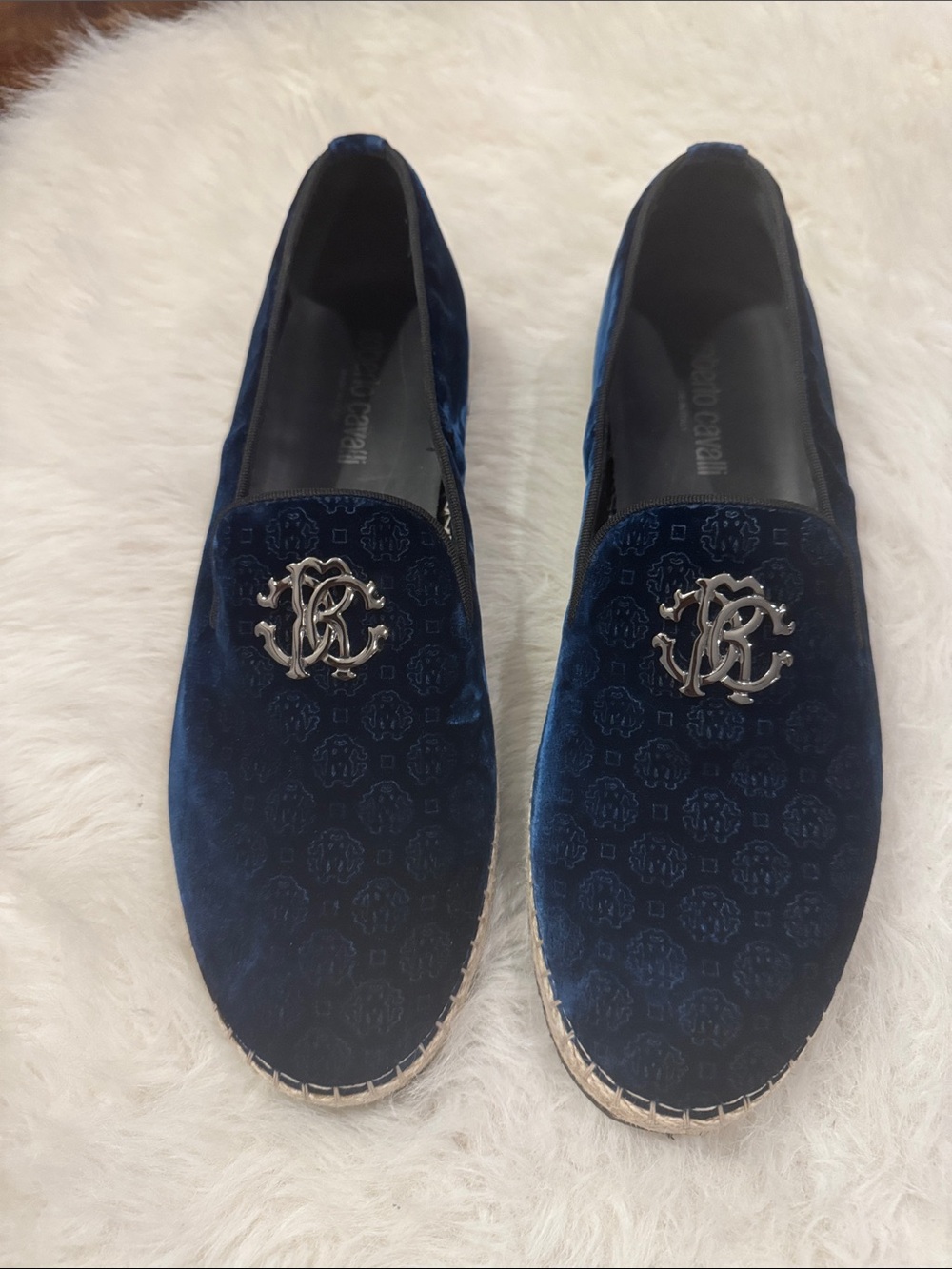 Roberto Cavalli Men's Dark Blue Velvet/Velour Slip-On Loafers Size EU44 pre-own